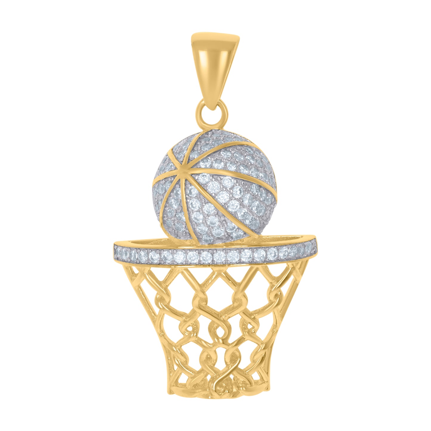 Sterling Silver Men Cubic-Zirconia Basket Ball Sports Charm Pendant