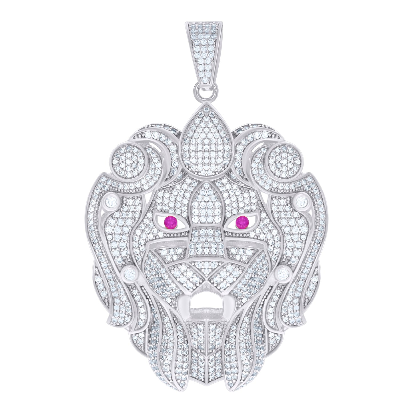 Sterling Silver White Mens Pink White Cubic-Zirconia Lion Head Charm Pendant