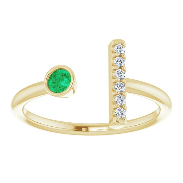 14K Yellow Gold Round 3 Mm Polished Lab-Grown Emerald And .05 Ctw Natural Diamond Bar Ring, Size 7