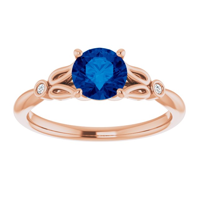 14K Rose Gold Round 6 Mm Polished Lab-Grown Blue Sapphire And .02 Ctw Natural Diamond Ring, Size 7