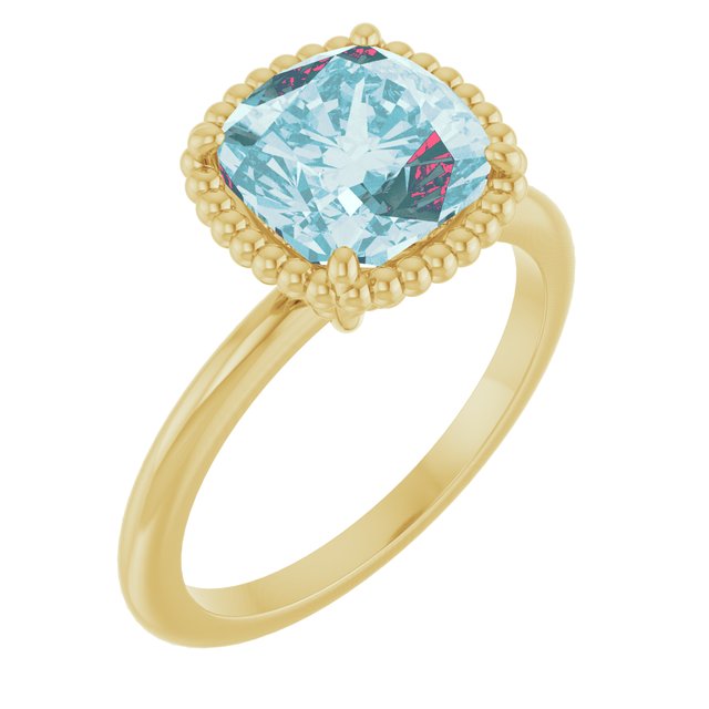 14K Yellow Gold Cushion 8 X 8 Mm Polished Natural Sky Blue Topaz Ring, Size 7