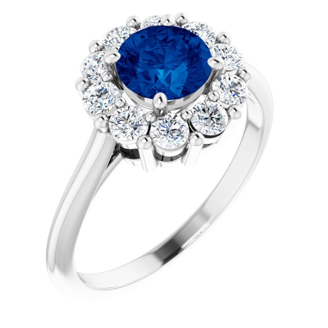 Platinum Round 6 Mm Polished Lab-Grown Blue Sapphire And 1/2 Ctw Natural Diamond Ring, Size 7