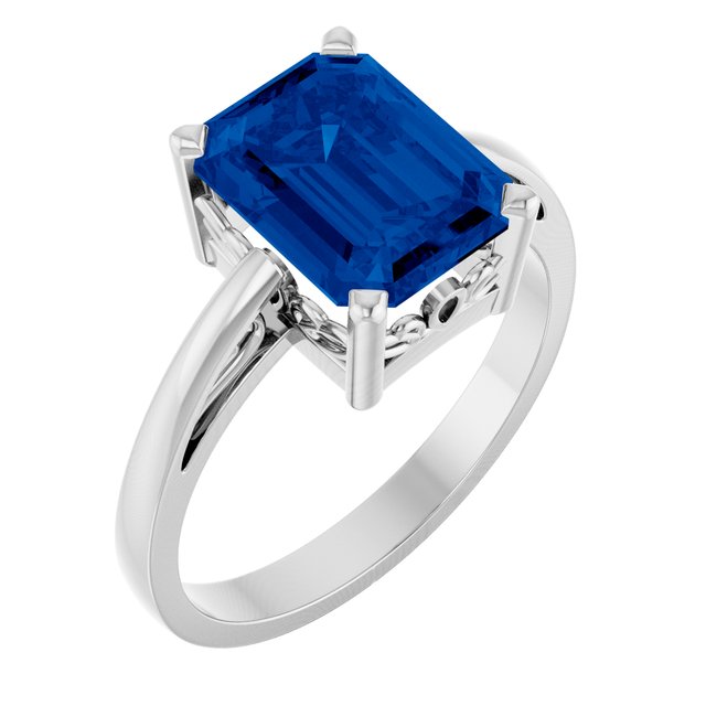 14K White Gold Emerald 9 X 7 Mm Polished Lab-Grown Blue Sapphire Scroll Setting Ring, Size 7
