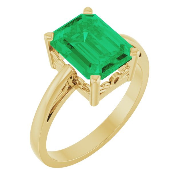 14K Yellow Gold Emerald 9 X 7 Mm Polished Lab-Grown Emerald Scroll Setting Ring, Size 7