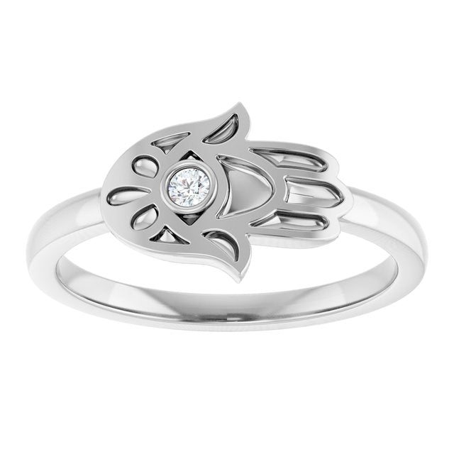 Sterling Silver Round 2 Mm Polished .03 Ct Natural Diamond Hamsa Ring, Size 7