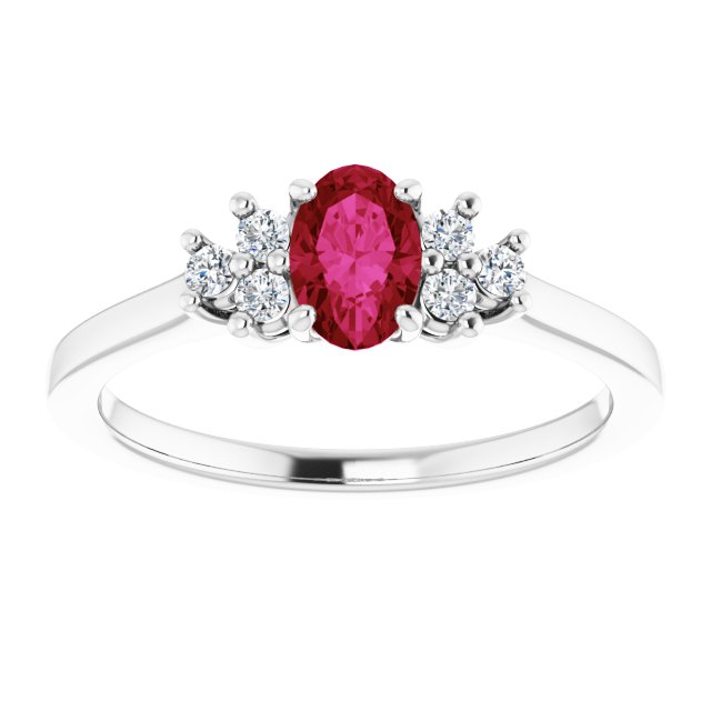 14K White Gold Oval 6 X 4 Mm Polished Natural Ruby And 1/8 Ctw Natural Diamond Ring, Size 7