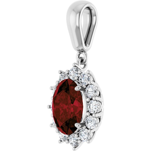 14K White Gold Oval 8 X 6Mm Polished Natural Mozambique Garnet And 1/3 Ctw Natural Diamond Pendant