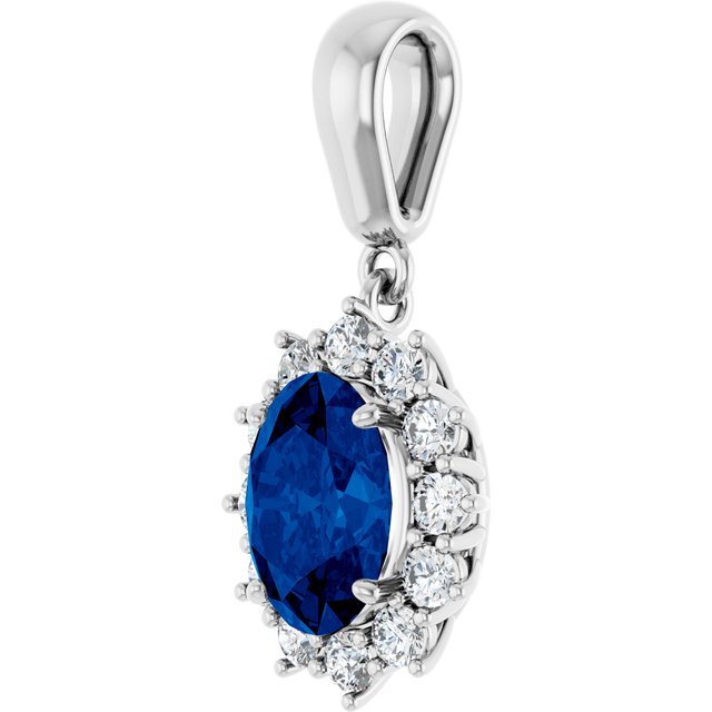 14K White Gold Oval 8 X 6Mm I1, G-H Polished Lab-Grown Blue Sapphire And 1/3 Ctw Natural Diamond Pendant