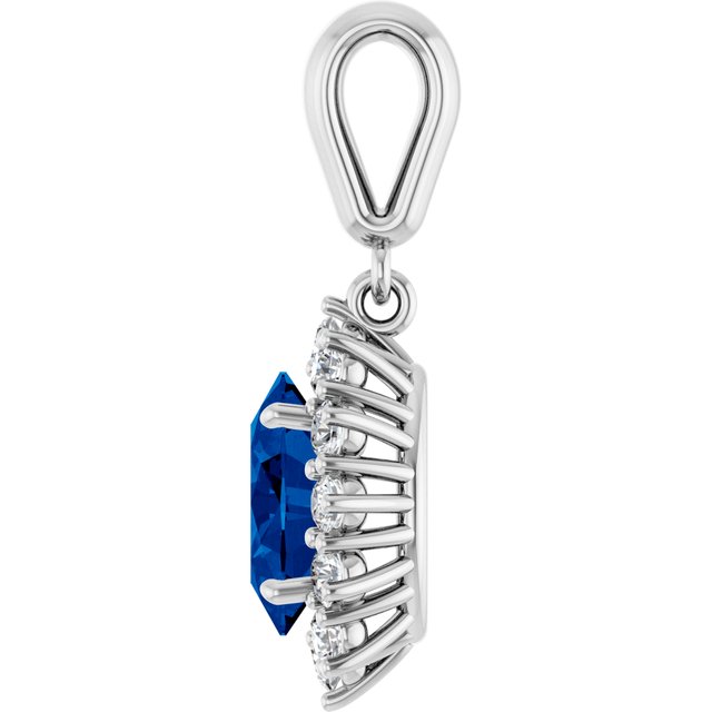 14K White Gold Oval 8 X 6Mm I1, G-H Polished Lab-Grown Blue Sapphire And 1/3 Ctw Natural Diamond Pendant