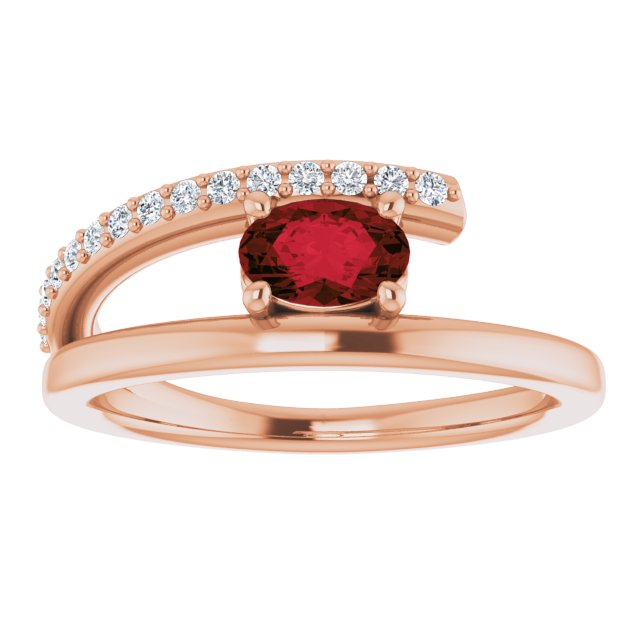 14K Rose Gold Oval 6 X 4 Mm Polished Natural Mozambique Garnet And 1/8 Ctw Natural Diamond Bypass Ring, Size 7
