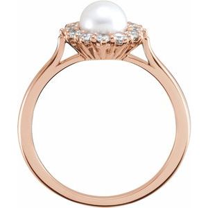 14K Rose Gold 6 Mm Polished Cultured White Freshwater Pearl And 3/8 Ctw Natural Diamond Halo-Style Ring Size 7