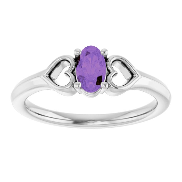 Sterling Silver Oval 5 X 3 Mm Polished Natural Amethyst Youth Heart Ring, Size 3