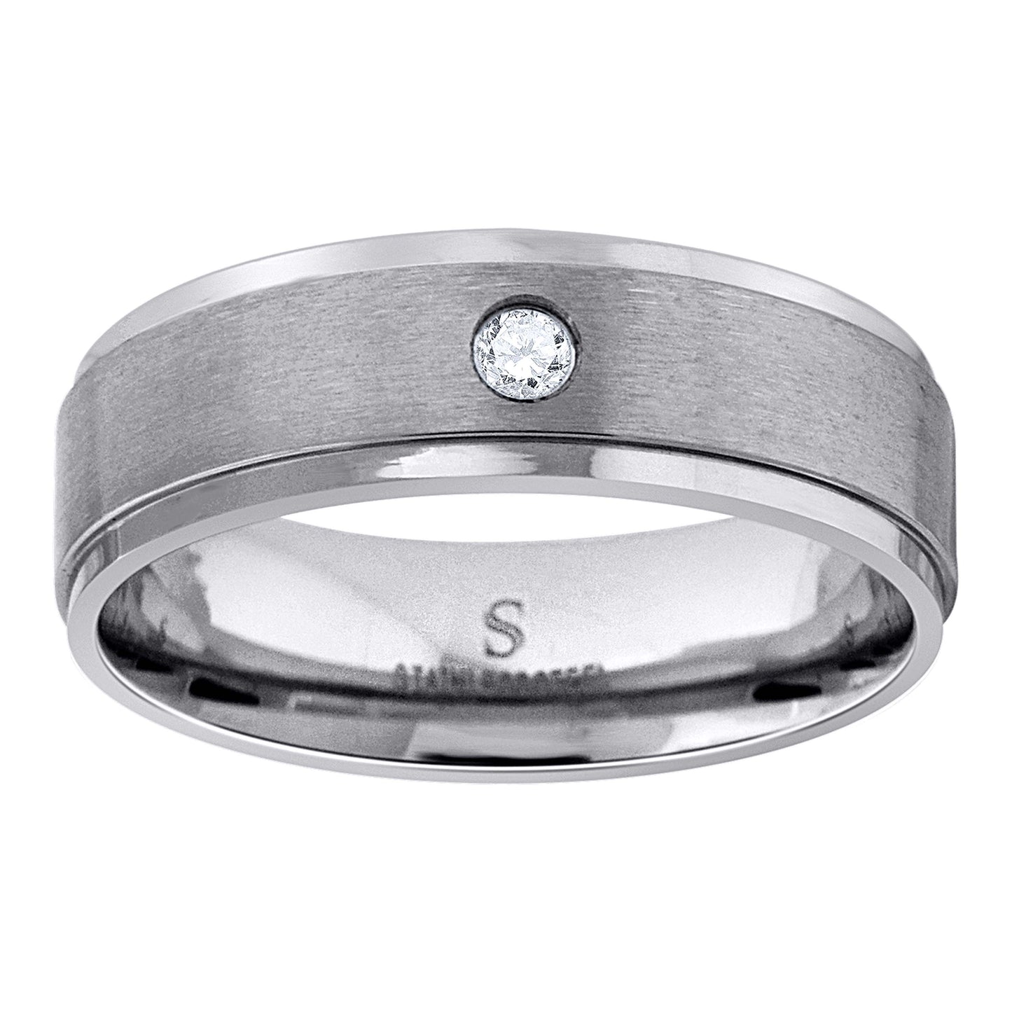 Stainless Steel Mens Cubic Zirconia Brushed Center With Step Edge Comfort-Fit Bridal Anniversary Wedding Engagement Band Ring