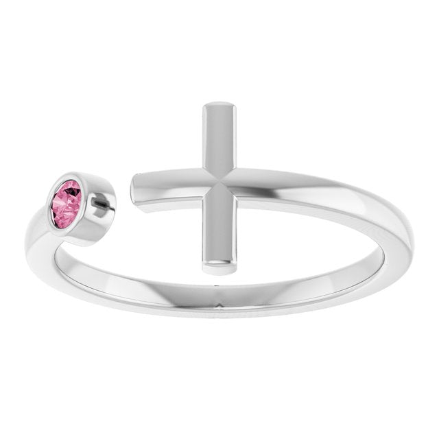 14K White Gold Round 2.5 Mm Polished Natural Pink Tourmaline Negative Space Cross Ring, Size 7