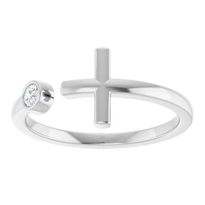 14K White Gold Round 2.5 Mm Polished .06 Ct Natural Diamond Negative Space Cross Ring Size 7