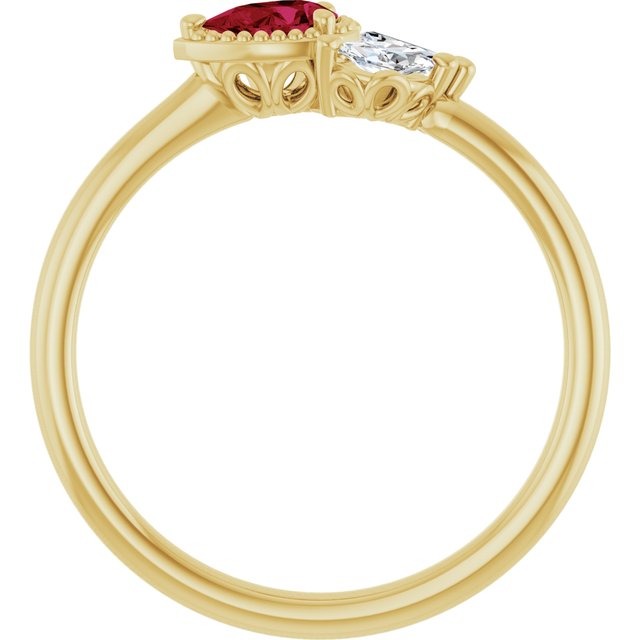 14K Yellow Gold Pear 5 X 3 Mm Polished Lab-Grown Ruby And 1/8 Ctw Natural Diamond Ring, Size 7