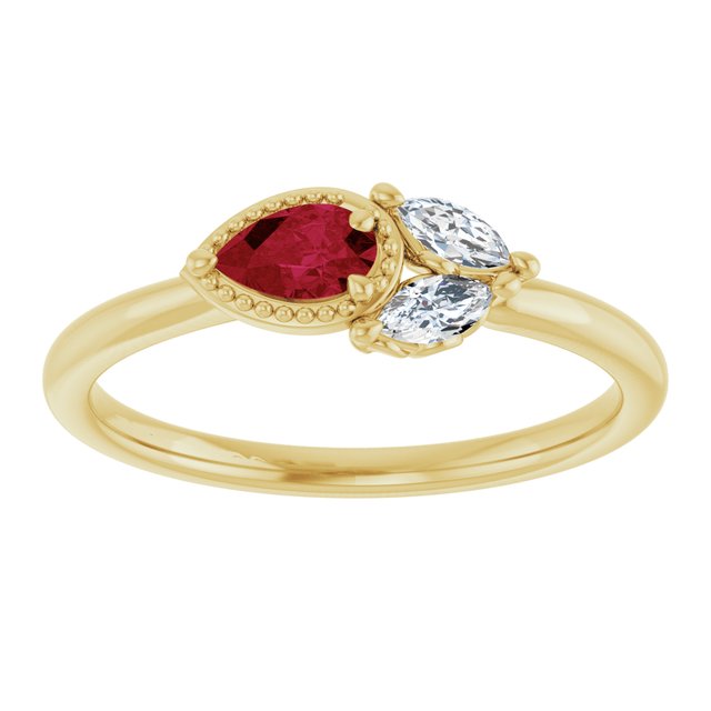 14K Yellow Gold Pear 5 X 3 Mm Polished Lab-Grown Ruby And 1/8 Ctw Natural Diamond Ring, Size 7