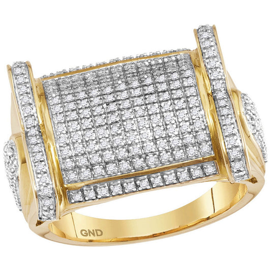 10K Yellow Gold Mens Round Diamond Rectangle Cluster Ring 3/4 Cttw, Mens Size: 7-13