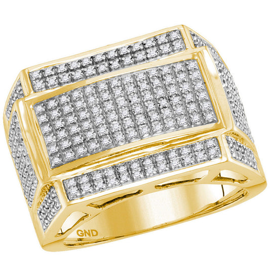 10K Yellow Gold Mens Round Diamond Rectangle Cluster Ring 3/4 Cttw, Mens Size: 7-13