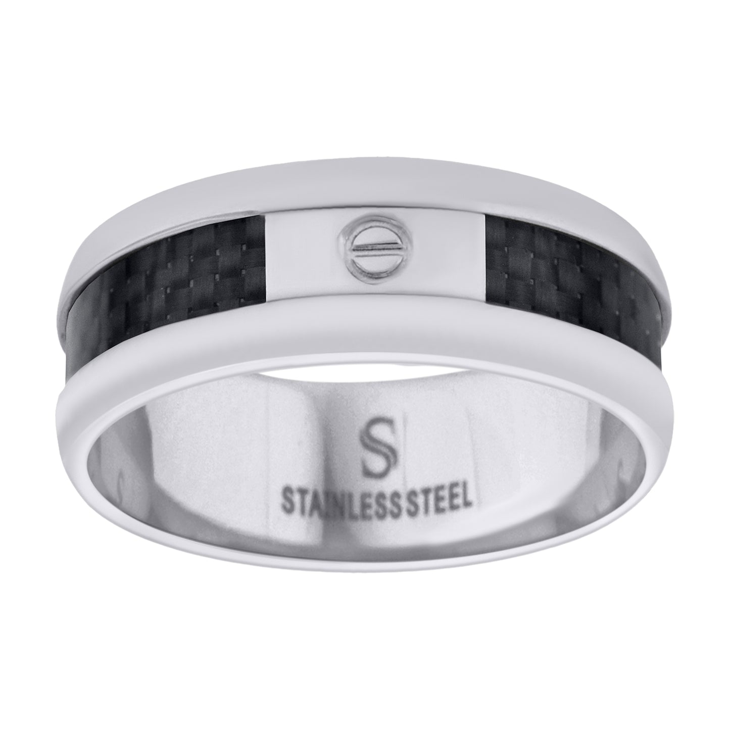 Stainless Steel Mens Carbon Fiber Inlay With Screw Accent Band Comfort-Fit Fashion Bridal Anniversary Wedding Engagement Band Ring