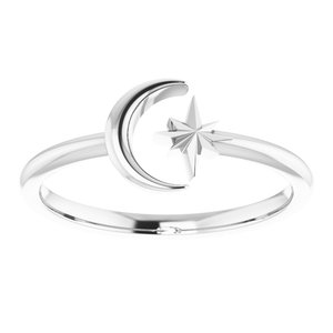 14K White Gold Polished Star And Crescent Moon Negative Space Ring Size 7