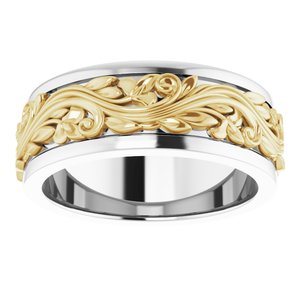 10K Or 14K Or 18K Yellow Or White Gold Or Sterling Silver 7 mm Floral Inlay Flat Band