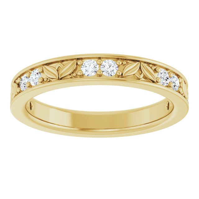 14K Yellow Gold Round 2 Mm Polished 1/3 Ctw Natural Diamond Leaf Deisgn Anniversary Band, Size 7