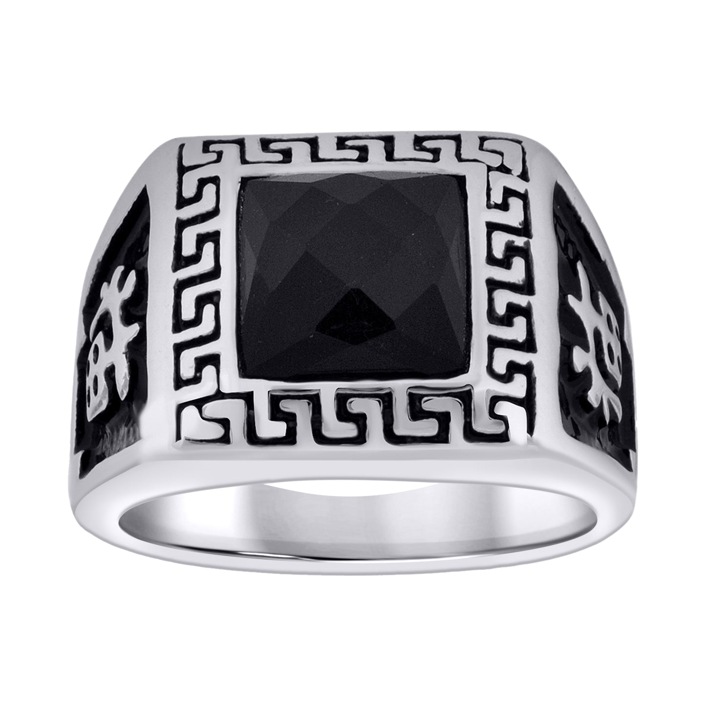 Stainless Steel Mens Square Facet Black Crystal Chinese Style Vintage Comfort-Fit Bridal Anniversary Wedding Engagement Band Ring