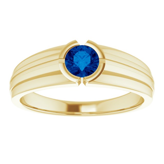14K Yellow Gold Round 5.5 Mm Polished Lab-Grown Blue Sapphire Ring, Size 11