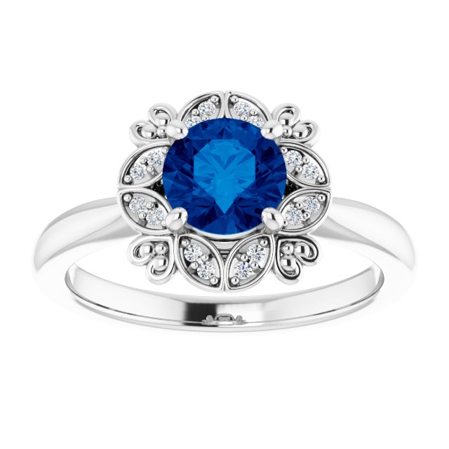 14K White Gold Round 6 Mm Polished Lab-Grown Blue Sapphire And .04 Ctw Natural Diamond Ring, Size 7