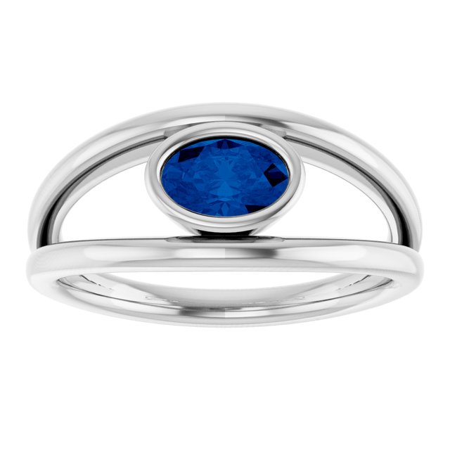 14K White Gold Oval 6 X 4 Mm Polished Natural Blue Sapphire Ring, Size 7