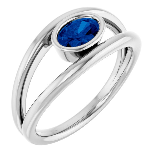 14K White Gold Oval 6 X 4 Mm Polished Natural Blue Sapphire Ring, Size 7