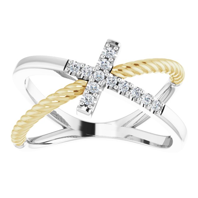 14K White/Yellow Gold Round 1.3 Mm Polished 1/10 Ctw Natural Diamond Criss-Cross Rope Ring, Size 7