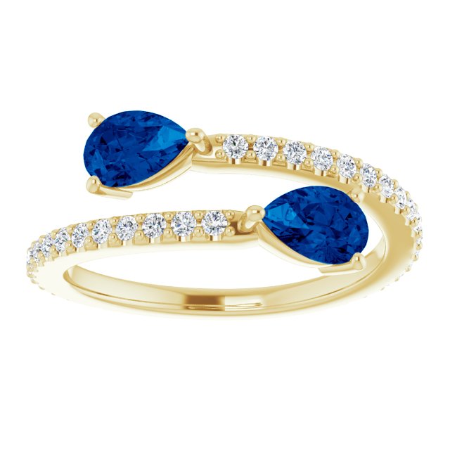 14K Yellow Gold Pear 6 X 4 Mm Polished Lab-Grown Blue Sapphire And 1/3 Ctw Natural Diamond Ring, Size 7
