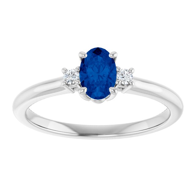 14K White Gold Oval 6 X 4 Mm Polished Lab-Grown Blue Sapphire And .04 Ctw Natural Diamond Ring, Size 7