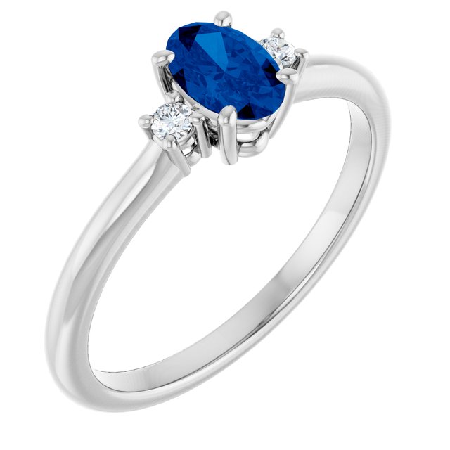 14K White Gold Oval 6 X 4 Mm Polished Lab-Grown Blue Sapphire And .04 Ctw Natural Diamond Ring, Size 7