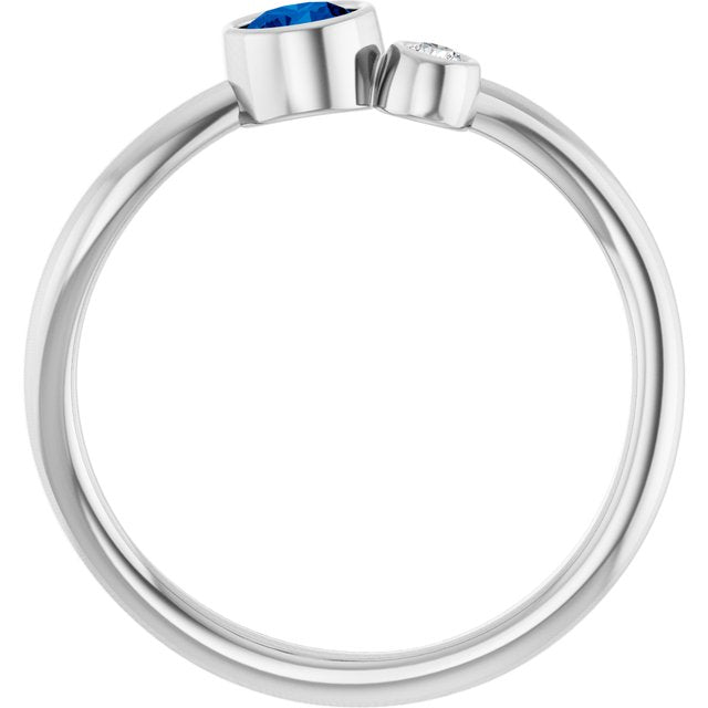 14K White Gold Round 4 Mm Polished Lab-Grown Blue Sapphire And .03 Ct Natural Diamond Ring, Size 7