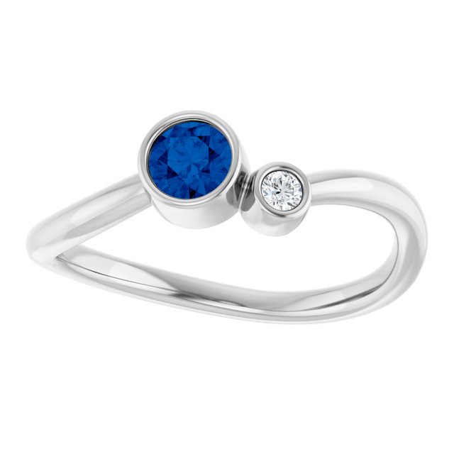 14K White Gold Round 4 Mm Polished Lab-Grown Blue Sapphire And .03 Ct Natural Diamond Ring, Size 7