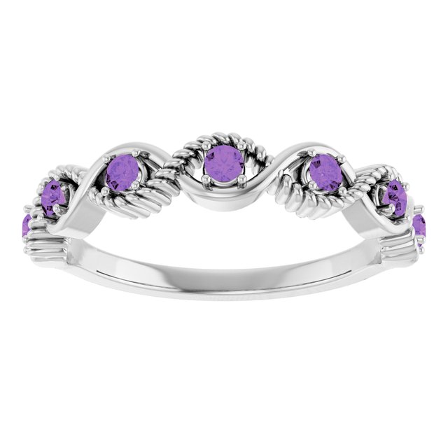 14K White Gold Round 2 Mm Polished Natural Amethyst Stackable Ring, Size 7
