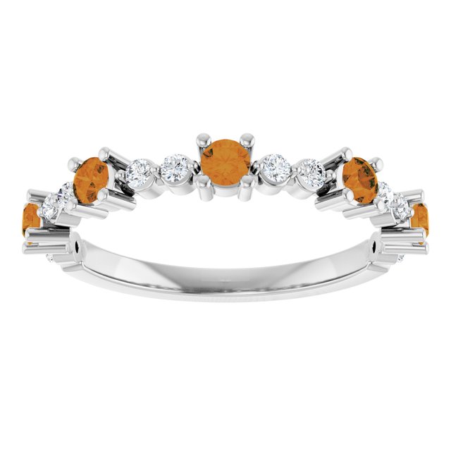 14K White Gold Round 2.5 Mm Polished Natural Citrine And 1/6 Ctw Natural Diamond Stackable Ring, Size 7