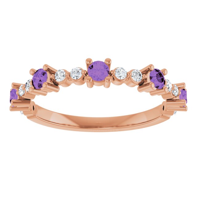 14K Rose Gold Round 2.5 Mm Polished Natural Amethyst And 1/6 Ctw Natural Diamond Stackable Ring, Size 7