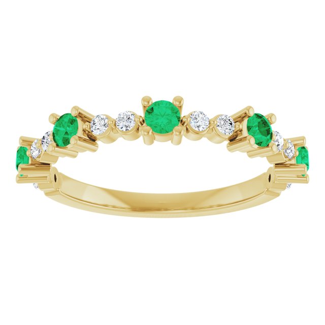 14K Yellow Gold Round 2.5 Mm Polished Natural Emerald And 1/6 Ctw Natural Diamond Stackable Ring, Size 7