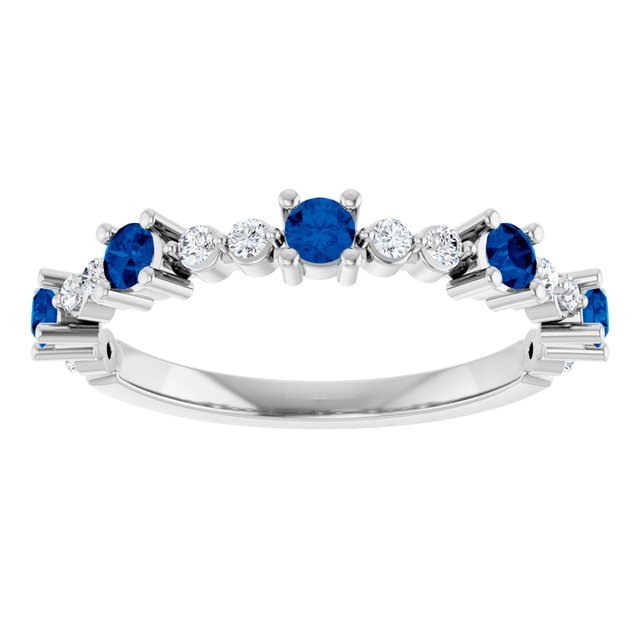 14K White Gold Round 2.5 Mm Polished Natural Blue Sapphire And 1/6 Ctw Natural Diamond Stackable Ring, Size 7