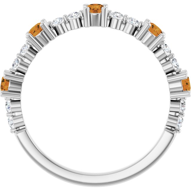 14K White Gold Round 2.5 Mm Polished Natural Citrine And 1/6 Ctw Natural Diamond Stackable Ring, Size 7