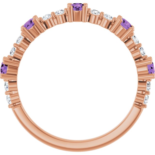 14K Rose Gold Round 2.5 Mm Polished Natural Amethyst And 1/6 Ctw Natural Diamond Stackable Ring, Size 7