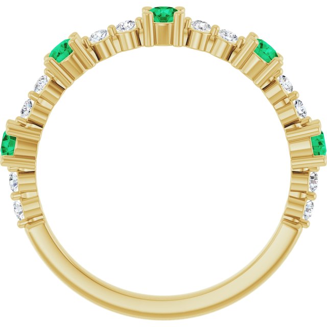 14K Yellow Gold Round 2.5 Mm Polished Natural Emerald And 1/6 Ctw Natural Diamond Stackable Ring, Size 7