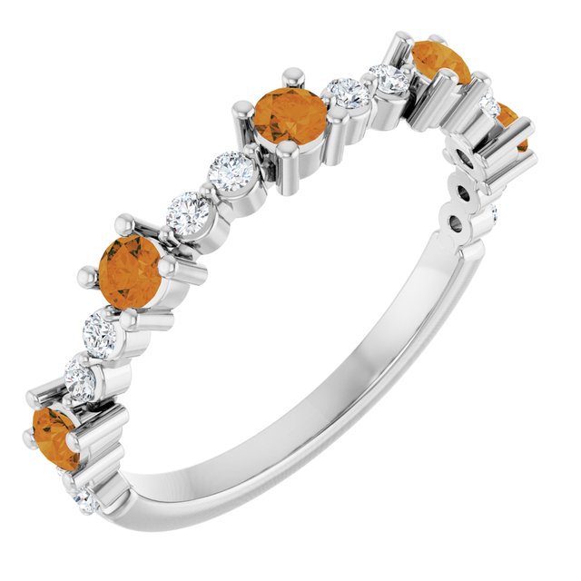 14K White Gold Round 2.5 Mm Polished Natural Citrine And 1/6 Ctw Natural Diamond Stackable Ring, Size 7
