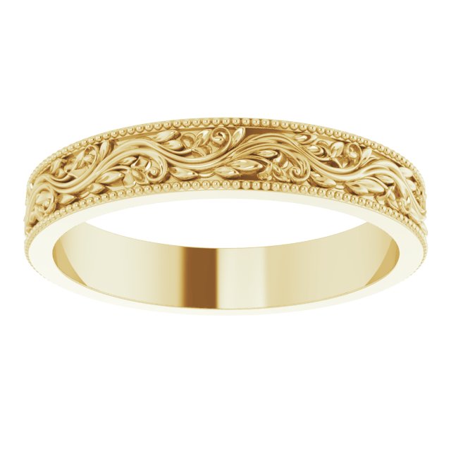 14K Yellow Gold 4 Mm Polished Milgrain Edge Sculptural Standard Fit Band, Size 9