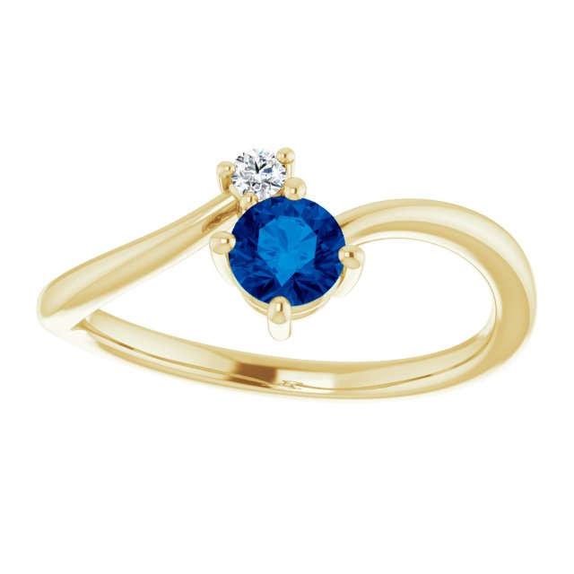 14K Yellow Gold Round 4.1 Mm Polished Natural Blue Sapphire And .025 Ctw Natural Diamond Ring, Size 7