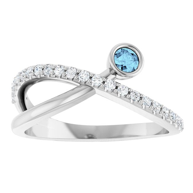 14K White Gold Round 3 Mm Polished Natural Aquamarine And 1/5 Ctw Natural Diamond Criss-Cross Ring, Size 7